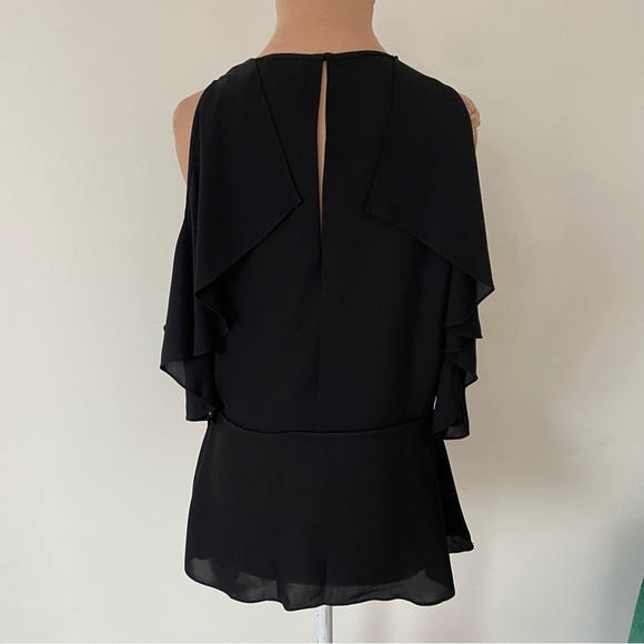 Theory GGT Silk Black Cut Out Ruffle Shoulder Keyhole Desiraya B Top EUC Size S - Picture 4 of 10